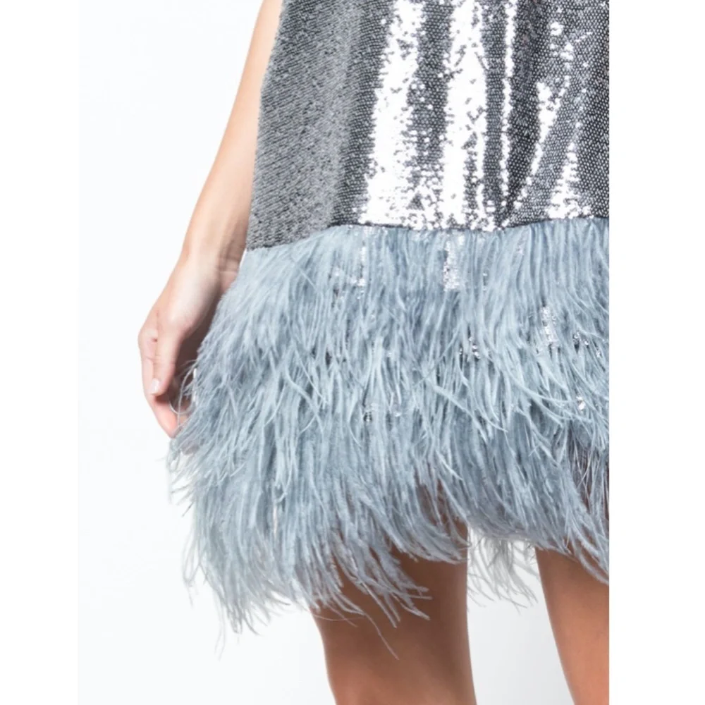 Cinq à Sept Glittering Silver Mini Dress with Feather Detail - Picture 3 of 7